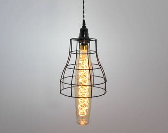 Hanging light with black metal cage & Soda Bottle Edison Light