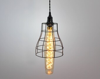 Hanging light with black metal cage & Soda Bottle Edison Light