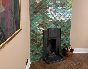 Handmade ceramic mosaic tiles, Ginkgo Biloba Ceramic, the mix of green effect glossy glaze and gold. Price per 121 pieces, 1 m2