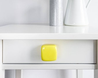 Bouton cube en céramique jaune fait main : poignée de tiroir de commode