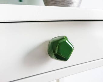 Emerald Green Polyhedron Ceramic Knobs, Handmade Dresser Drawer Pulls, Kitchen and Bathroom Cabinet Remodel Hardware, New Home Gift