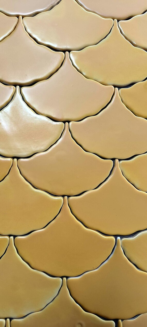 Handmade Ginkgo Leaf Ceramic Tile - Yellow Matte Glaze - Wabi Sabi Bathroom Backsplash Tile