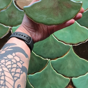 Handmade ceramic mosaic tile, Ginkgo Biloba Ceramic, Green effect glossy glaze, Nature, Green Leave tiles, Price per 1 piece, Sample image 4