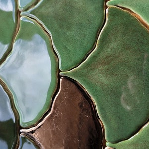 Handmade ceramic mosaic tile, Ginkgo Biloba Ceramic, Green effect glossy glaze, Nature, Green Leave tiles, Price per 1 piece, Sample image 7