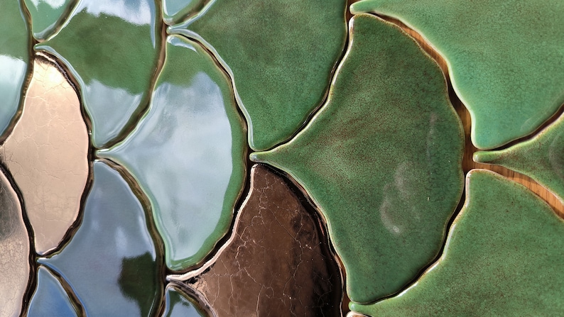 Handmade ceramic mosaic tile, Ginkgo Biloba Ceramic, Green effect glossy glaze, Nature, Green Leave tiles, Price per 1 piece, Sample image 7