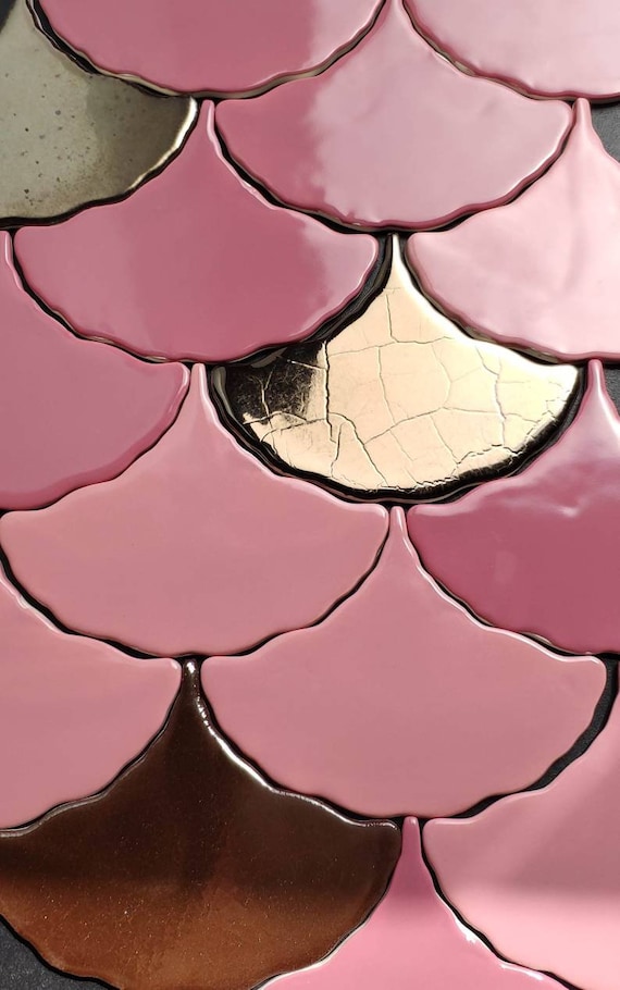 Handmade ceramic mosaic tiles, Ginkgo Biloba Ceramic, the mix of pink, berry pink and old gold  Price per 121 pieces, 1 m2