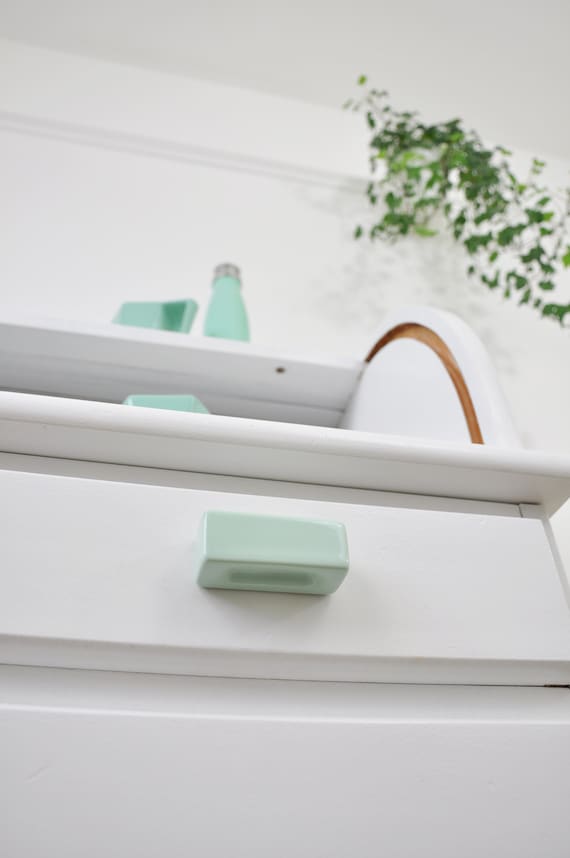 Ceramic Knob, Pastel Mint Rectangle , Handmade Blue Dresser Drawer Pulls, Kitchen and Bathroom Cabinet Remodel Hardware, New Home Gift