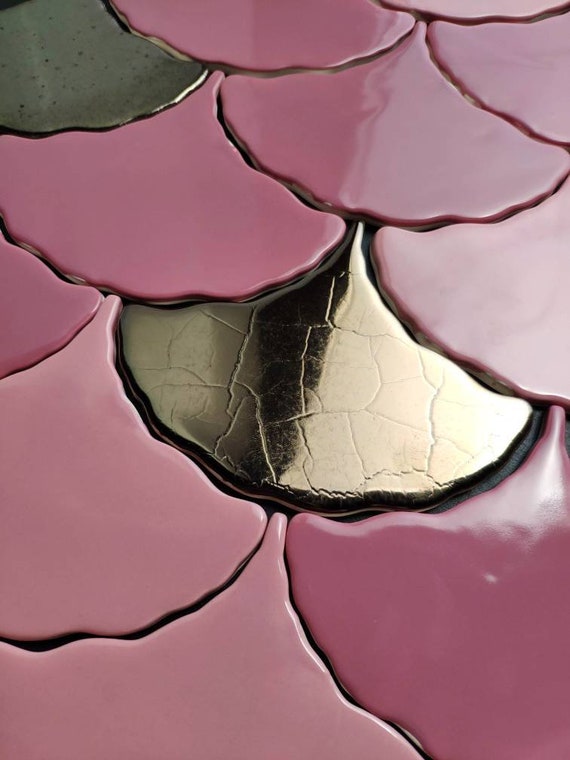 Handmade ceramic mosaic tiles, Price per 3 pieces, Samples, Ginkgo Biloba Ceramic, Pink, Berry pink and old gold.