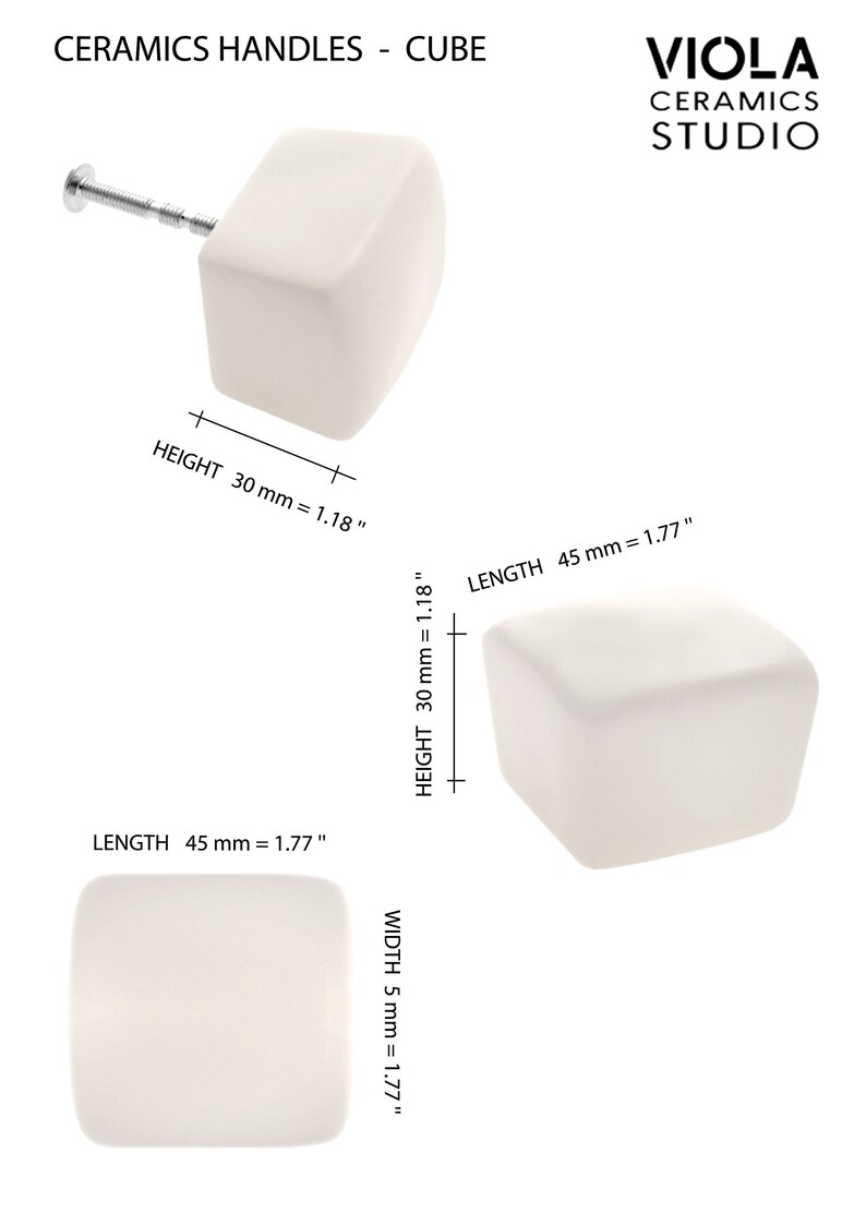 Peut inclure: Bouton de porte en c&eacute;ramique blanche en forme de cube avec une vis argent&eacute;e. Le bouton mesure 45 mm de longueur, 30 mm de hauteur et 45 mm de largeur.