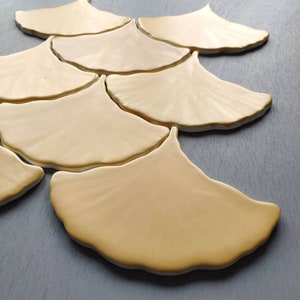 Wabi Sabi. Handmade ceramic mosaic tiles~ yellow matt ~ Handmade Ceramic Tiles ~ Ginkgo Biloba Leaf&#39;s ~ sample