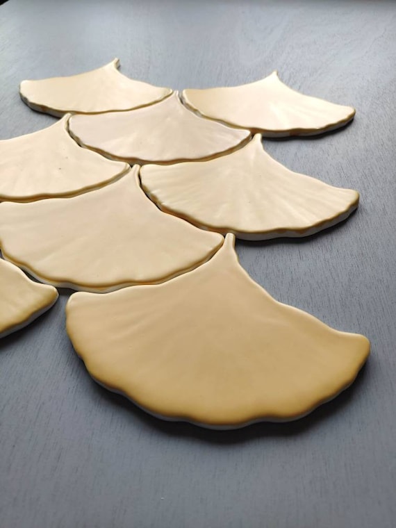 Wabi Sabi. Handmade ceramic mosaic tiles~ yellow matt ~ Handmade Ceramic Tiles ~ Ginkgo Biloba Leaf's ~ sample