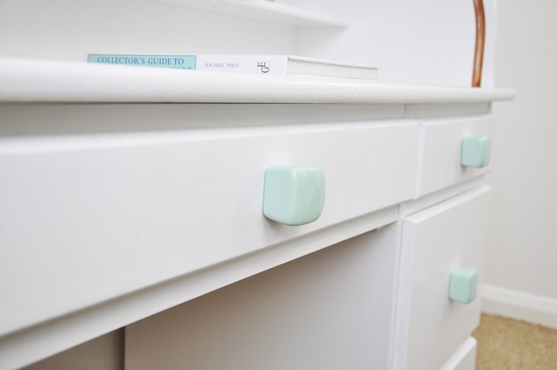 Pastel Mint Cube Ceramic Knobs, Handmade Blue Dresser Drawer Pulls, Kitchen and Bathroom Cabinet Remodel Hardware, New Home Gift image 1