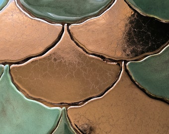 Handmade Ginkgo Leaf Ceramic Mosaic Tiles: Green Glaze, Nature Inspired (Set of 3
