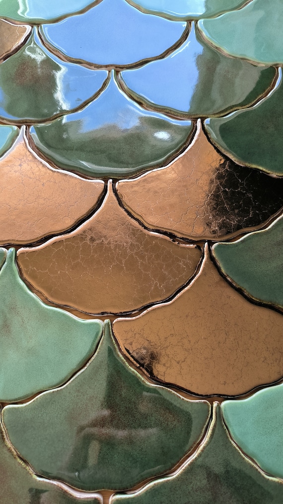 Handmade ceramic mosaic tiles, Price per 3 pieces, Samples, Ginkgo Biloba Ceramic, Green effect glossy glaze, Nature, Green Leave