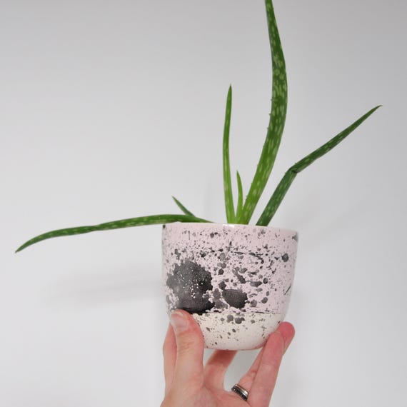 Handmade Small Clay Plant Pot, Pink Splatter Ceramic Planter