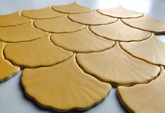 Handmade ceramic mosaic tiles, Ceramic Ginkgo Leaf Tiles ~ Matte Yellow Tiles ~ Handmade Yellow Tiles ~ Ginkgo Biloba Leaf Tiles