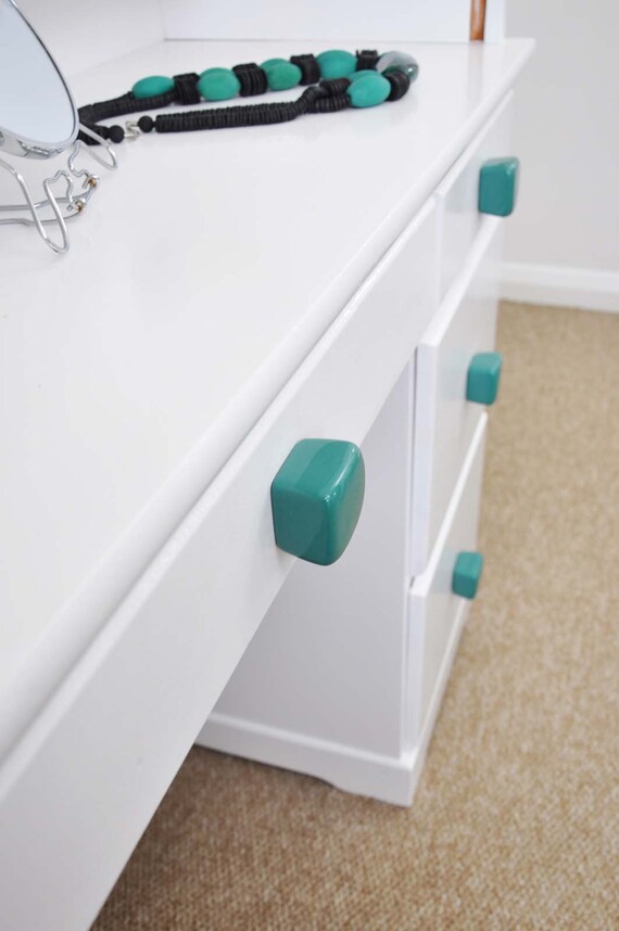 Marine Green Cube Ceramic Knobs Handmade Blue Dresser Drawer Etsy