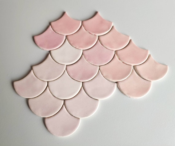 Handmade ceramic mosaic tiles, Morocco Fish Scale pink. Samples