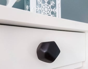 Polyhedron black mat, ceramic knobs and pulls. Nursery kids knob for drawers. Cabinet pull. Drawer knob for dressers, ceramic home decor.