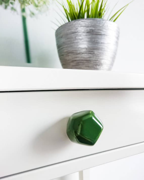 Emerald Green Polyhedron Ceramic Knobs, Handmade Dresser Drawer Pulls, Kitchen and Bathroom Cabinet Remodel Hardware, New Home Gift