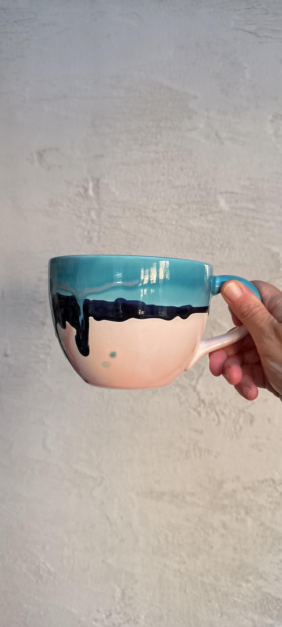 Handmade Ceramic Mug – Sicily Inspired, Pink & Turquoise, Large Tea Coffee Cup