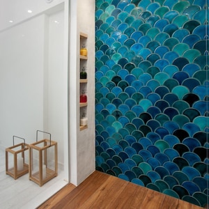 Handmade ceramic mosaic tiles, Morocco Fish Scale, Dark Mix Turquoise Crackle and Emerald Green, Price per 89 pieces = 1 m2