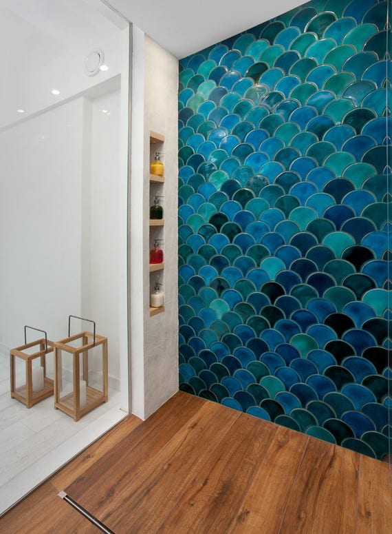 Handmade ceramic mosaic tiles, Morocco Fish Scale, Dark Mix Turquoise Crackle and Emerald Green, Price per 89 pieces = 1 m2