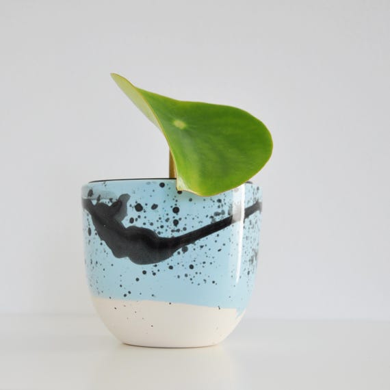 Handmade Ceramic Planter - Light Blue with Black Splashes