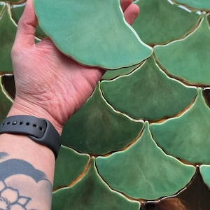 Handmade ceramic mosaic tile, Ginkgo Biloba Ceramic, Green effect glossy glaze, Nature, Green Leave tiles, Price per 1 piece, Sample image 3