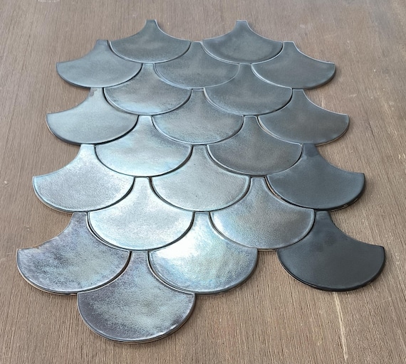 Handmade ceramic mosaic tiles, metallic dark silver Morocco Fish Scale, Unique only 19 pieces available.