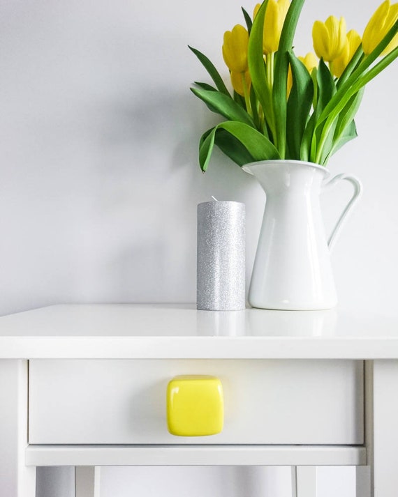 Yellow Ceramic Cube Knobs, Handmade Dresser Drawer Pulls, Kitchen and Bathroom Cabinet Remodel Hardware, New Home Gift