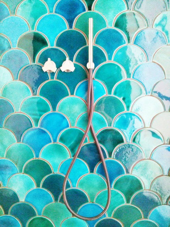 Handmade ceramic mosaic tile, Morocco Fish Scale Ceramic Tile, Light Emerald Green Bathroom Tile, Price per 1 piece, Sample