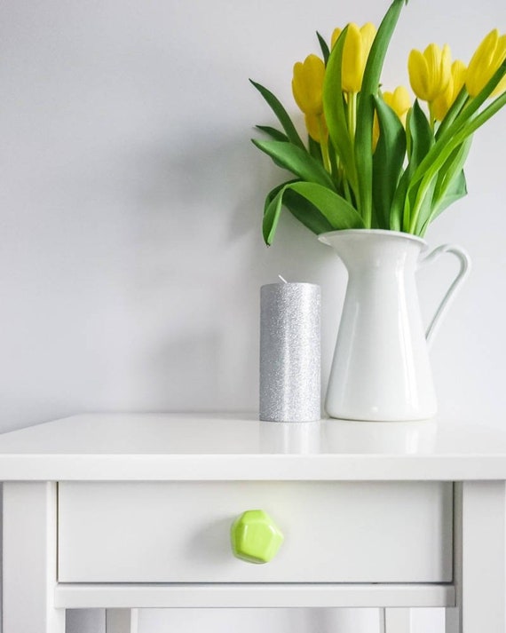 Green Lime Polyhedron Ceramic Knobs, Handmade Dresser Drawer Pulls, Kitchen and Bathroom Cabinet Remodel Hardware, New Home Gift