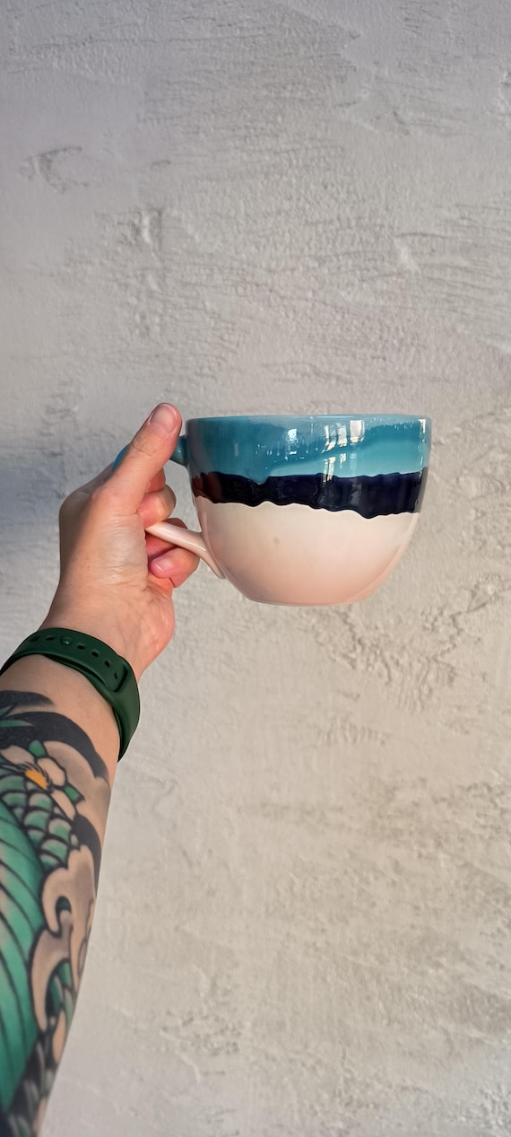 Handmade Ceramic Mug – Sicily Inspired, Pink & Turquoise, Large Tea Coffee Cup