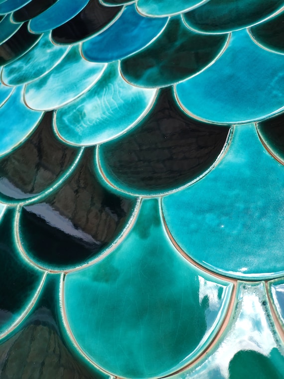 Wabi-sabi, Zero waste Handmade ceramic mosaic tiles, Morocco Fish Scale, Mix Turquoise and Emerald Green, Price per 1 tile - sample