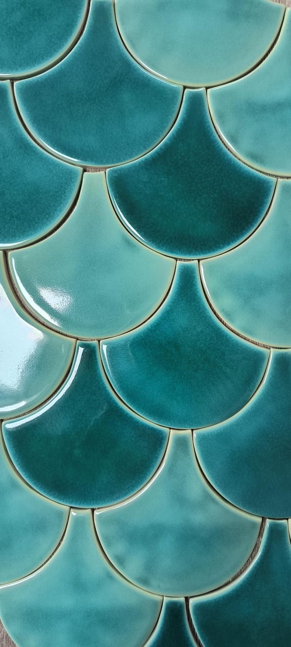 Handmade Ceramic Mosaic Tiles: Moroccan Fish Scale Scallop, light and medium blue