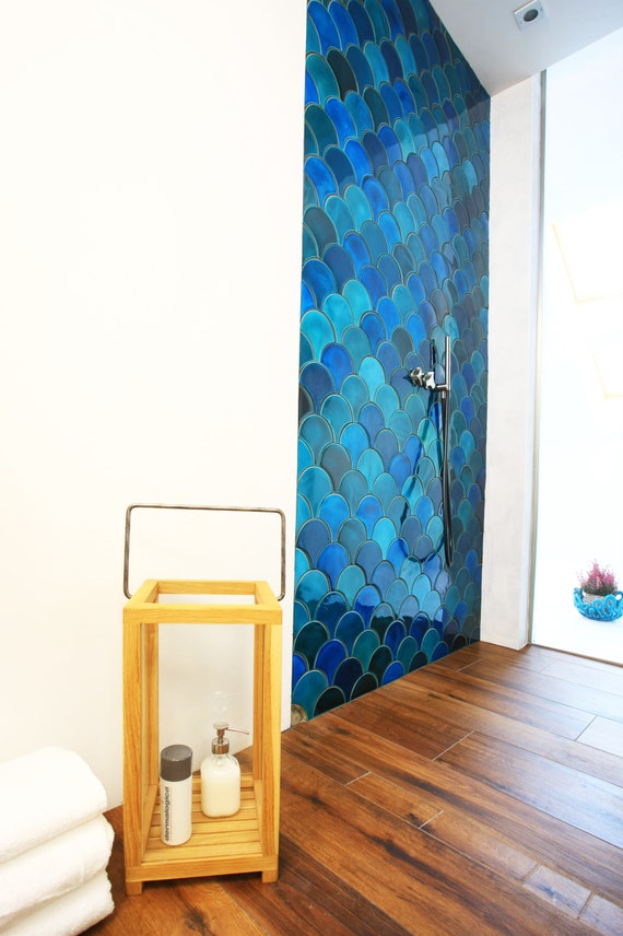 Handmade Ceramic Fish Scale Tiles: Turquoise Emerald Mosaic