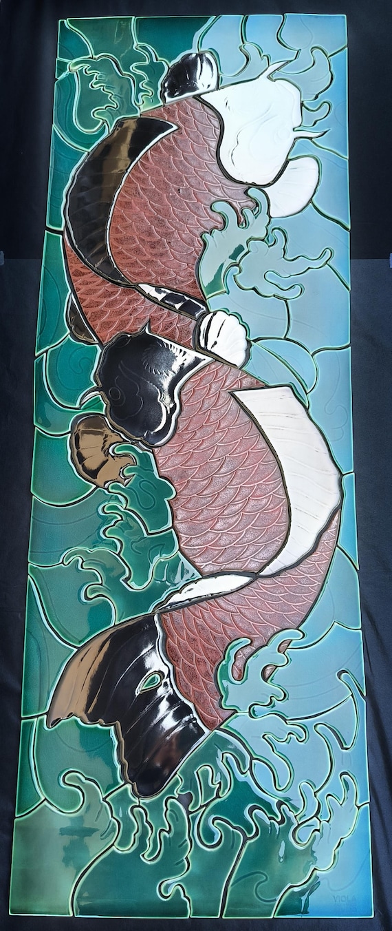 Handmade ceramic mosaic – Koi Fish. Wall art. Wall decoration. Fish mosaic. Japanese style. Handmade ceramic tiles. Scallop. Made to order.