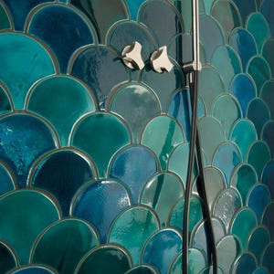 Handmade ceramic mosaic tile, Morocco Fish Scale, Dark Turquoise Crackle Bathroom Tile, Blue Kitchen Tile, Price per 1 piece image 2