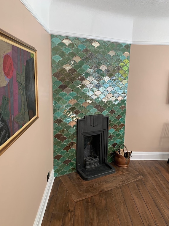 Handmade ceramic mosaic tiles, Ginkgo Biloba Ceramic, the mix of green effect glossy glaze and gold. Price per 121 pieces, 1 m2