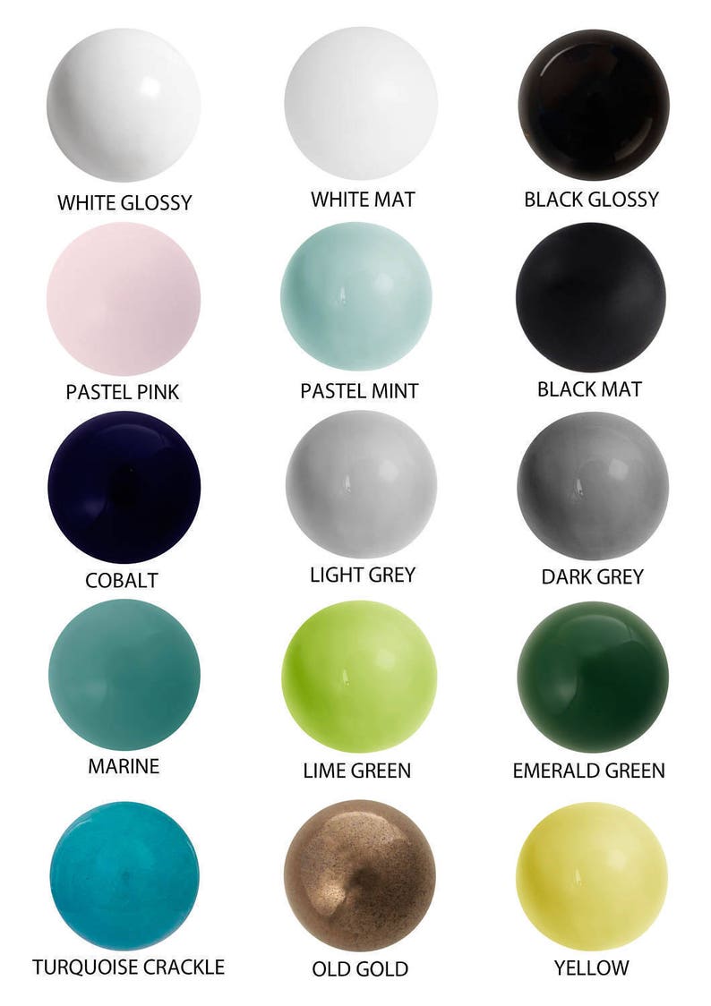 May include: Twelve round ceramic knobs in various colours and finishes, including white gloss, white matt, black gloss, black matt, pastel pink, pastel mint, cobalt, light grey, dark grey, marine, lime green, emerald green, turquoise crackle, old gold, and yellow.