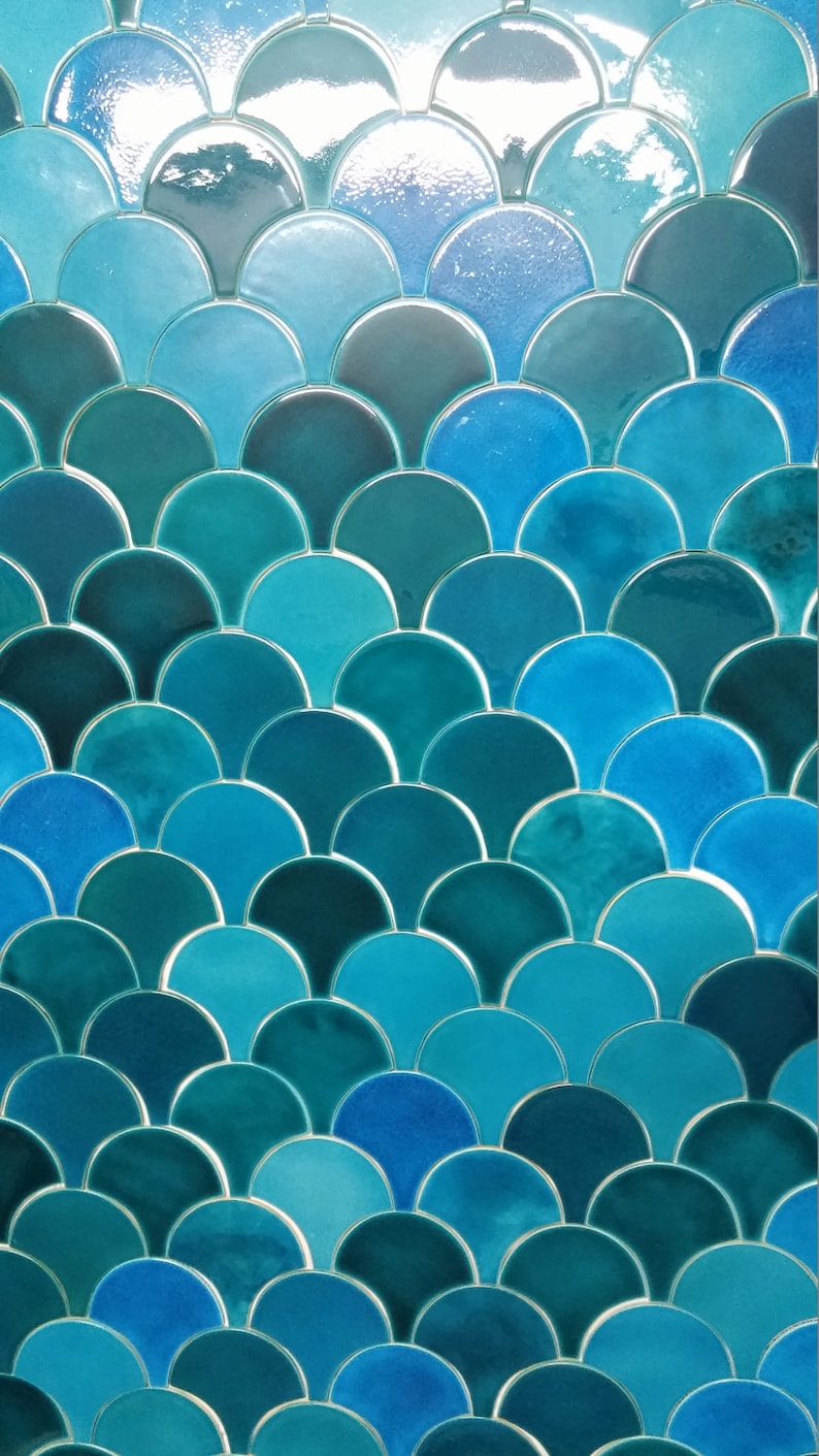 Handmade ceramic mosaic tile, Morocco Fish Scale, Dark Turquoise Crackle Bathroom Tile, Blue Kitchen Tile, Price per 1 piece image 5