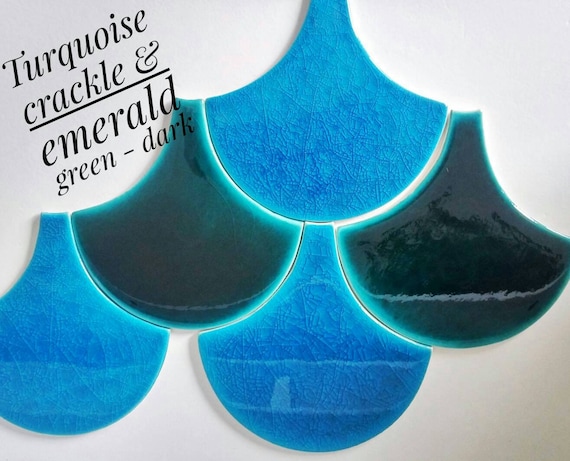 Handmade ceramic mosaic tiles, Morocco Fish Scale Ceramic Tile, Dark Emerald Green Bathroom or Kitchen Tiles, Price per 9 pieces