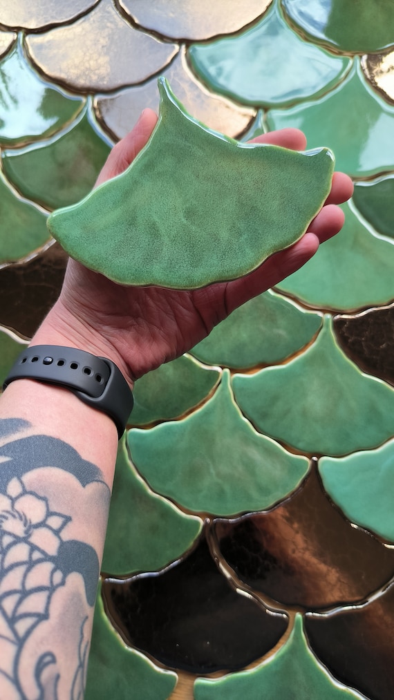 Handmade ceramic mosaic tile, Ginkgo Biloba Ceramic, Green effect glossy glaze, Nature, Green Leaf tiles, Price per 1 piece, Sample