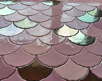 Handmade ceramic mosaic tiles, Wabi Sabi Ginkgo Biloba Ceramic, mix of pink, berry pink, old gold and light gold. Price per 121 pieces, 1 m2