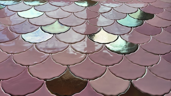 Handmade ceramic mosaic tiles, Wabi Sabi Ginkgo Biloba Ceramic, mix of pink, berry pink, old gold and light gold. Price per 121 pieces, 1 m2