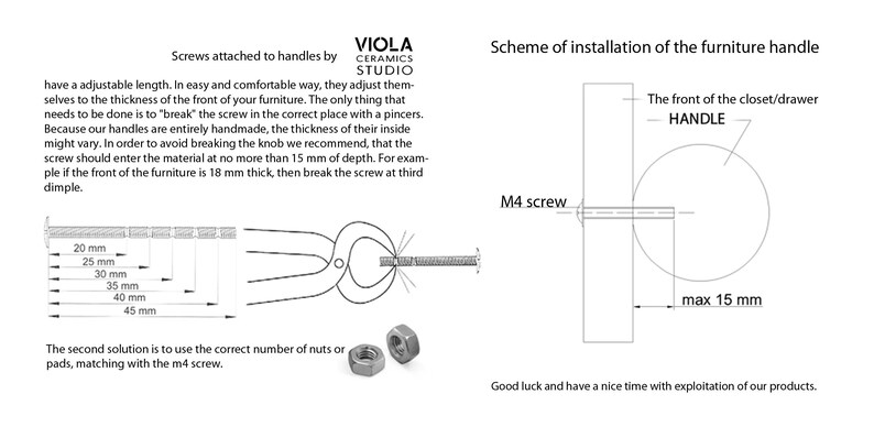 Pu&ograve; includere: Schema di installazione della maniglia del mobile con misure in millimetri. Include una vite, una pinza e un diagramma che mostra il posizionamento della maniglia su un armadio o un cassetto. Testo: "VIOLA CERAMICS STUDIO".