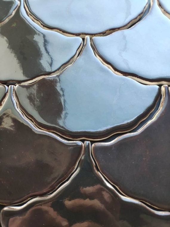 Handmade ceramic mosaic tiles, Ceramic Leaf Tiles ~ Deep Dark Tiles ~ Handmade Ceramic Tiles ~ Ginkgo Biloba Leaf