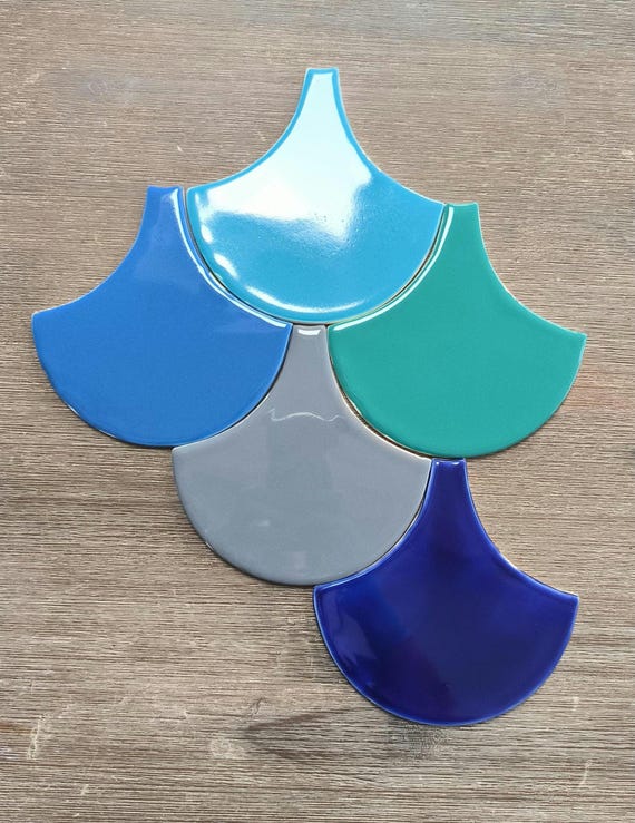 Handmade ceramic mosaic tile, Morocco Fish Scale Ceramic Tile, Multi-colour Bathroom Tile, Handmade Blue Kitchen Tiles. Price per 5 piece