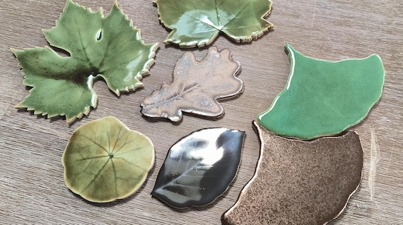 Handmade Ceramic Mosaic Leaves Tiles. Price for 2 meters square of different types of leaves in green, brass and gold glaze